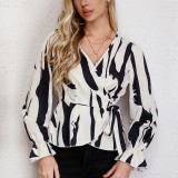 Chic Fashion Spring Black And White Print Loose V-Neck Lace-Up Long Sleeve Shirt Top