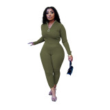 Women's Autumn Solid Color Ribbed Zipper Long Sleeve Tight Slim Sport Two Piece Pants Set