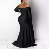 Autumn And Winter Plus Size Women's Sexy Solid Color V-Neck Split Long Dress