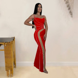 Fashion Women's Beaded Strap Off Shoulder Solid Color Mesh Patchwork Evening Dress