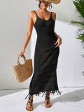 Sexy Hollow Slim Tassel Sleeveless Knitting V-Neck Strap Beach Long Dress