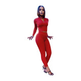 Women's Autumn Solid Color Ribbed Zipper Long Sleeve Tight Slim Sport Two Piece Pants Set