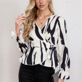 Chic Fashion Spring Black And White Print Loose V-Neck Lace-Up Long Sleeve Shirt Top