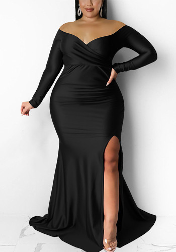 Autumn And Winter Plus Size Women's Sexy Solid Color V-Neck Split Long Dress