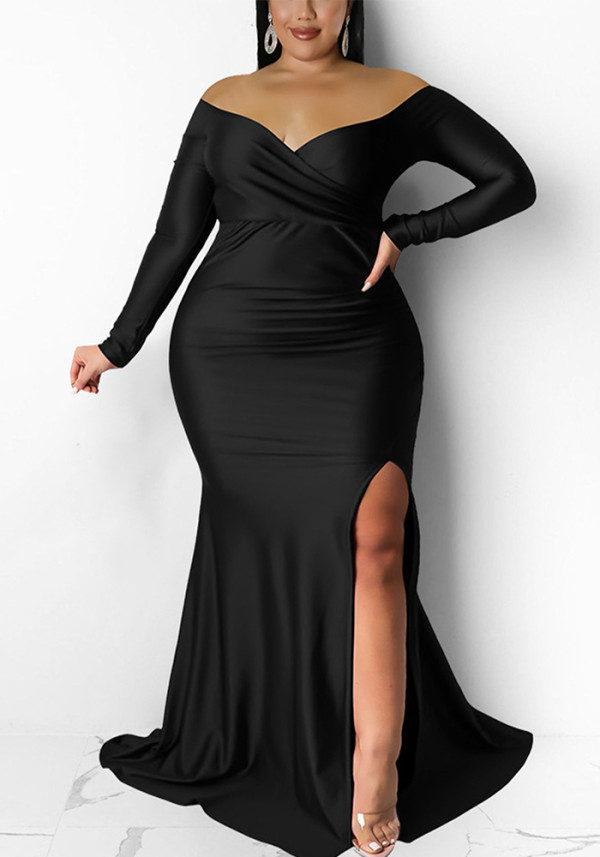 Autumn And Winter Plus Size Women's Sexy Solid Color V-Neck Split Long Dress