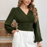 Women's Spring Autumn Long Sleeve T-Shirt V-Neck Slim Fit Elastic Lace Women's Top