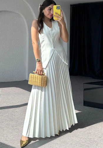 Summer Solid Color Chic Women's Vest Pleated Skirt Elegant Two-Piece Suit