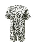 Summer Leopard Print Round Neck Short-Sleeved Loose Two Piece Shorts Set