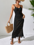 Sexy Hollow Slim Tassel Sleeveless Knitting V-Neck Strap Beach Long Dress