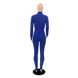 Women's Autumn Solid Color Ribbed Zipper Long Sleeve Tight Slim Sport Two Piece Pants Set