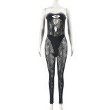 Summer Hollow High Stretch Strapless See Through Mesh Sexy Jumpsuit For Women