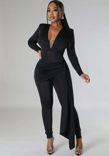 Women's Solid Color Sexy Deep V Neck Tight Fitting Long Sleeve Jumpsuit