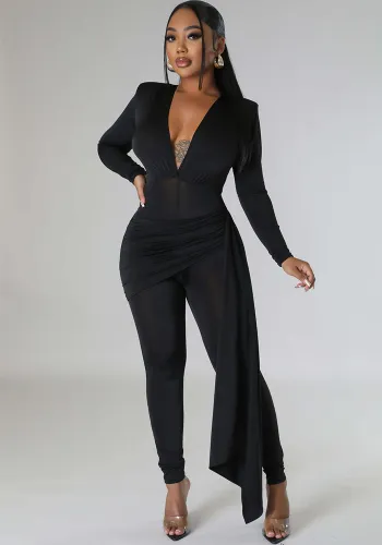 Women's Solid Color Sexy Deep V Neck Tight Fitting Long Sleeve Jumpsuit