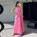 Summer Solid Color Chic Women's Vest Pleated Skirt Elegant Two-Piece Suit