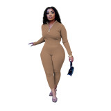 Women's Autumn Solid Color Ribbed Zipper Long Sleeve Tight Slim Sport Two Piece Pants Set