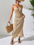 Sexy Hollow Slim Tassel Sleeveless Knitting V-Neck Strap Beach Long Dress