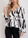 Chic Fashion Spring Black And White Print Loose V-Neck Lace-Up Long Sleeve Shirt Top