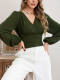 Women's Spring Autumn Long Sleeve T-Shirt V-Neck Slim Fit Elastic Lace Women's Top