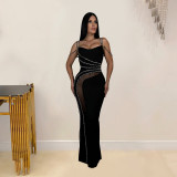 Fashion Women's Beaded Strap Off Shoulder Solid Color Mesh Patchwork Evening Dress