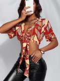 Women's Bow Tie Sexy Shirt Summer Short-Sleeved Printed Top