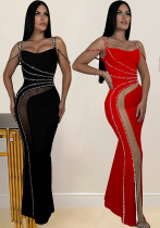 Fashion Women's Beaded Strap Off Shoulder Solid Color Mesh Patchwork Evening Dress