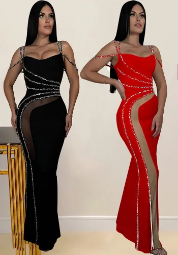 Fashion Women's Beaded Strap Off Shoulder Solid Color Mesh Patchwork Evening Dress
