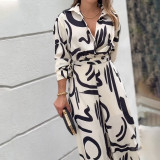 Women Casual Print Turndown Collar Jumpsuit