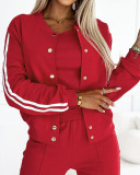 Women Red Casual Sports Ribbon Patchwork Jacket