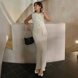 Women Sleeveless Pocket Knitting Vest and Slit Skirt Two Piece Set