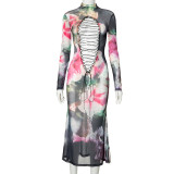 Women Retro Printed Reversible Round Neck Long Sleeve Lace-Up Maxi Dress