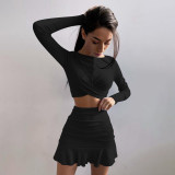 Women Fall Casual long-sleeved crop top and ruffled skirt two-piece set