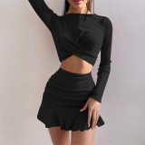 Women Fall Casual long-sleeved crop top and ruffled skirt two-piece set