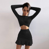 Women Fall Casual long-sleeved crop top and ruffled skirt two-piece set