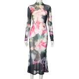 Women Retro Printed Reversible Round Neck Long Sleeve Lace-Up Maxi Dress