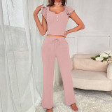 Women Short Sleeve Top Long Pants Casual Two-piece Set