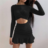 Women Fall Casual long-sleeved crop top and ruffled skirt two-piece set