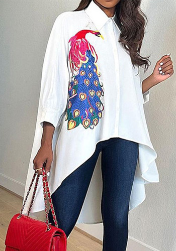 Women Print Turndown Collar Loose Long Blouse