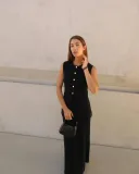 Women Sleeveless Pocket Knitting Vest and Slit Skirt Two Piece Set