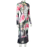 Women Retro Printed Reversible Round Neck Long Sleeve Lace-Up Maxi Dress