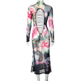 Women Retro Printed Reversible Round Neck Long Sleeve Lace-Up Maxi Dress