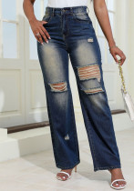 Women Autumn Retro Ripped Denim Pants