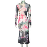 Women Retro Printed Reversible Round Neck Long Sleeve Lace-Up Maxi Dress