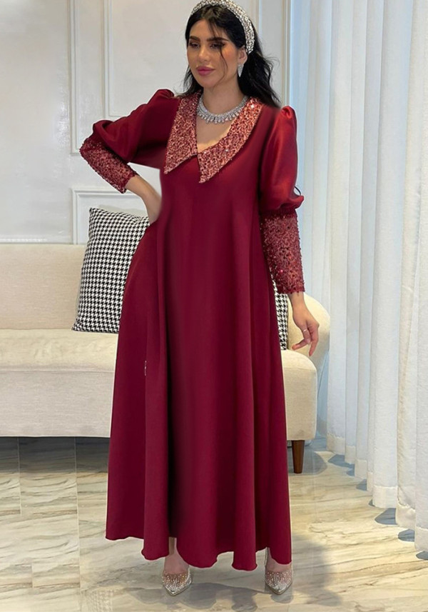 Women Muslim Sequin Beaded Patchwork Long Dress