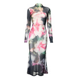 Women Retro Printed Reversible Round Neck Long Sleeve Lace-Up Maxi Dress