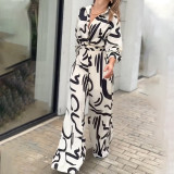 Women Casual Print Turndown Collar Jumpsuit