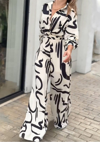 Women Casual Print Turndown Collar Jumpsuit