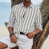 Men's Spring Autumn Casual Linen Striped Long-Sleeved Shirt