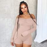 Women's Clothing Off Shoulder Pleated Long Sleeves Tight Fitting Jumpsuit