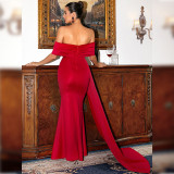 Elegant Red Satin Off Shoulder Chic Short Sleeve Long Evening Dress