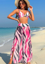 Sexy Women Printed Bikini Slit High Waist Trousers Three-Piece Swimwear